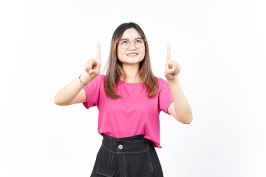 Beyaz arka planda tecrit edilmiş güzel Asyalı Kadın 'ın Ürünleri ve İşaretleri