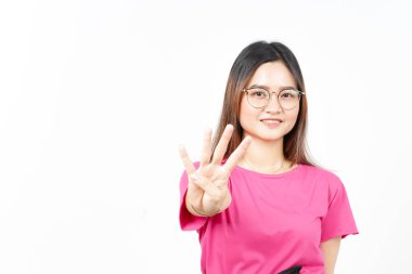 Showing count Four finger Of Beautiful Asian Woman Isolated On White Background