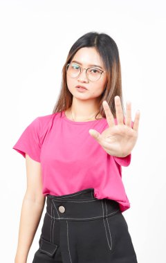 Beyaz arka planda tecrit edilmiş Güzel Asyalı Kadın 'ın Reddedilmesi ya da Durdurulması