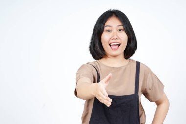 Beyaz arka planda tecrit edilmiş güzel Asyalı kadının elini sıkmak