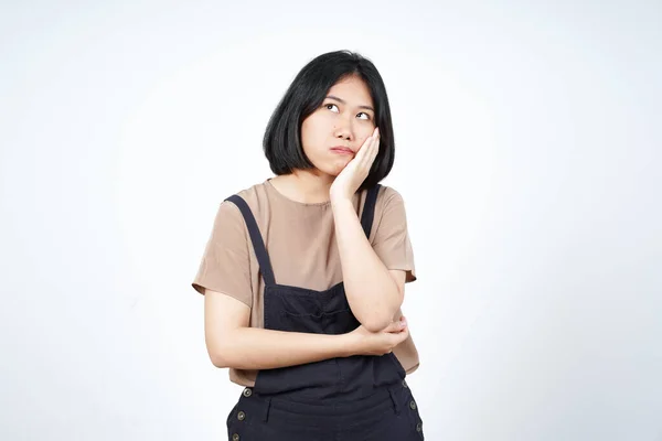 Pensamento Gesto Curioso Bela Mulher Asiática Isolada Fundo Branco — Fotografia de Stock