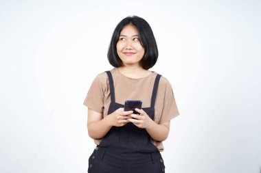 Beyaz arka planda izole edilmiş Güzel Asyalı Kadın 'ı tutmak ya da kullanmak