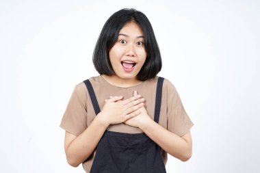 Beyaz arka planda tecrit edilmiş güzel Asyalı Kadın 'ın Şok Yüzlü Göğsü İfadesi