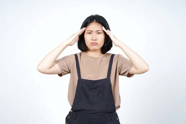 Lijden Hoofdpijn Gebaar Van Mooi Aziatisch Vrouw Geïsoleerd Witte Achtergrond — Stockfoto