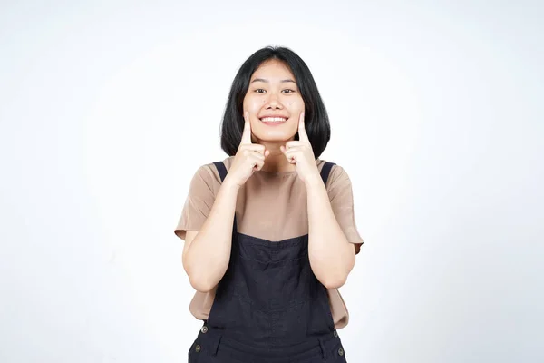 白地に孤立した美しいアジア人女性の笑顔と幸せな顔 — ストック写真