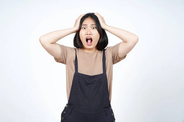 stock image Hands on head with Shock Face Expression Of Beautiful Asian Woman Isolated On White Background