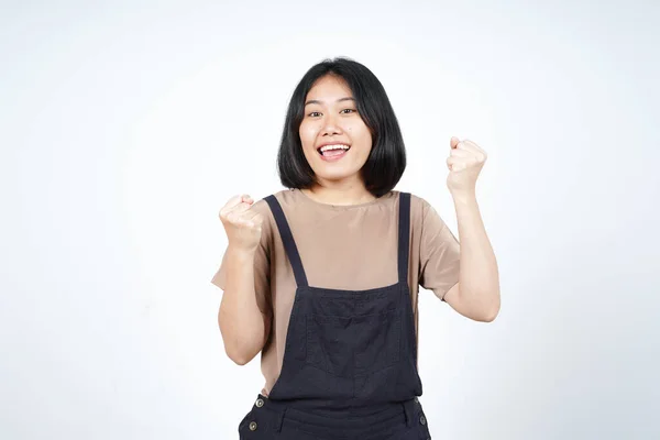 Sim Gesto Celebração Bela Mulher Asiática Isolada Fundo Branco — Fotografia de Stock