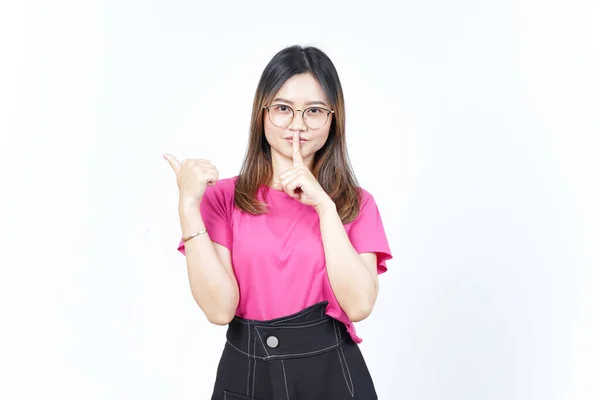 Shh Gesture Presenting Pointing Side Product Using Thumb Beautiful Asian — Φωτογραφία Αρχείου