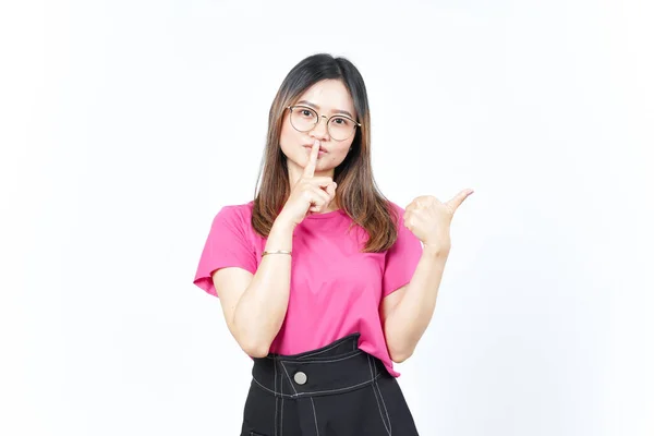 Shh Gesture Presenting Pointing Side Product Using Thumb Beautiful Asian — Stockfoto
