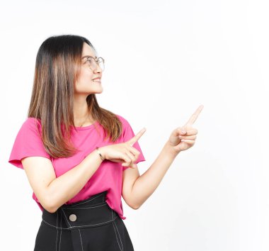 Beyaz arka planda tecrit edilmiş Güzel Asyalı Kadın 'ın Ürün ve İşaret Tarafı