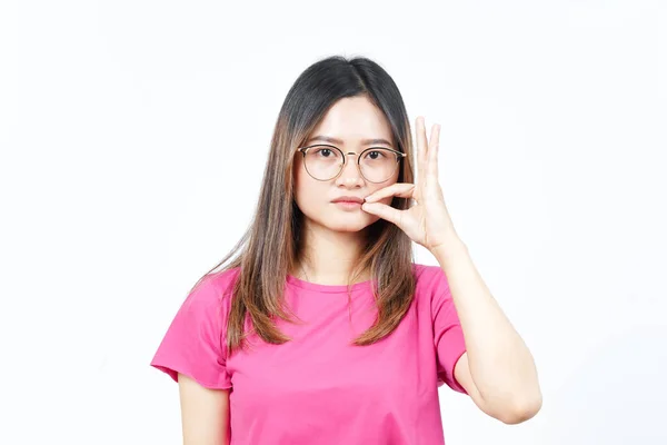 Mantenha Lábio Secreto Fechado Bela Mulher Asiática Isolada Fundo Branco — Fotografia de Stock