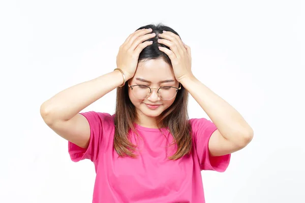 stock image Suffering Headache Of Beautiful Asian Woman Isolated On White Background