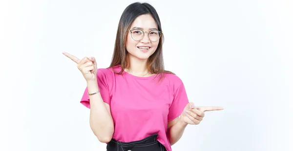 Showing Product Pointing Left Right Side Two Side Beautiful Asian — Stock Photo, Image