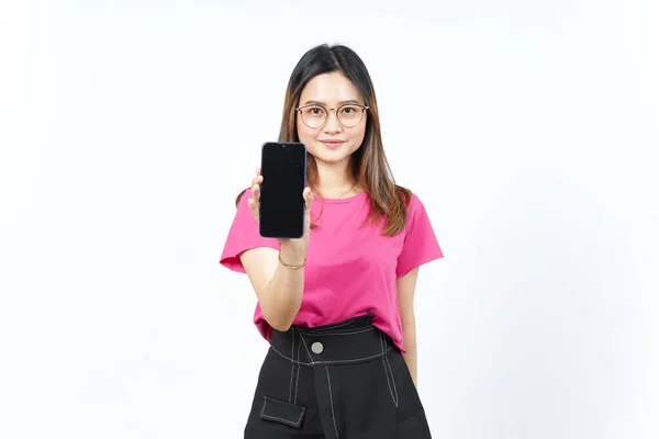 Zobrazení Aplikací Nebo Reklam Prázdné Obrazovce Smartphone Krásné Asijské Ženy — Stock fotografie