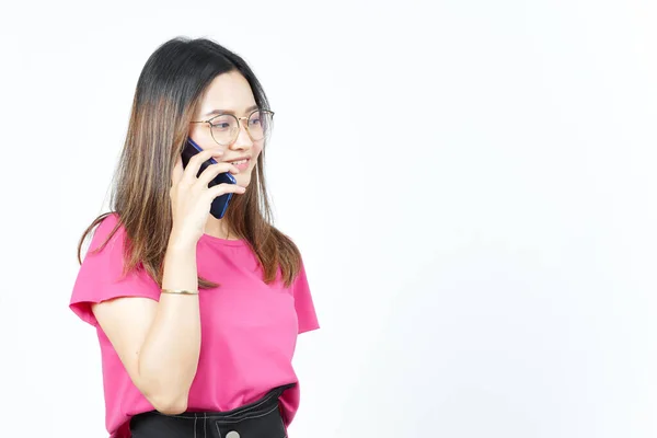 stock image Talking on the smartphone with Happy face Of Beautiful Asian Woman Isolated On White Background