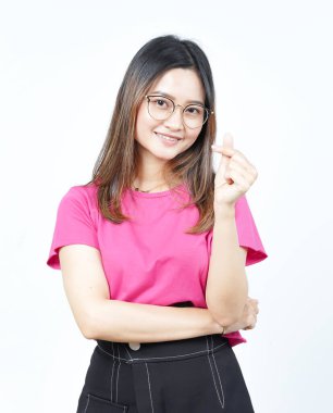 Beyaz arka planda tecrit edilmiş Koreli Güzel Asyalı Kadın 'ın Aşk Parmağı