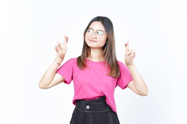 Beyaz zeminde tecrit edilmiş Güzel Asyalı Kadın 'ın Şanslı Parmak Hareketi mi?