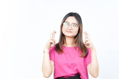 Beyaz zeminde tecrit edilmiş Güzel Asyalı Kadın 'ın Şanslı Parmak Hareketi mi?