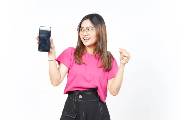 Držení Prázdné Bankovní Karty Prázdné Obrazovky Smartphone Krásné Asijské Ženy — Stock fotografie