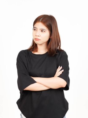 Beyaz arka planda tecrit edilmiş Güzel Asyalı Kadın 'ın kolları bağlı ve kızgın