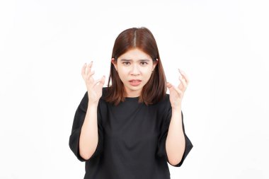 Beyaz arka planda izole edilmiş Güzel Asyalı Kadın 'ın Öfkeli Hareketi