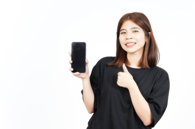 Beyaz Arkaplanda İzole Edilmiş Güzel Asyalı Kadın 'ın Boş Ekran Telefonundaki Uygulamaları veya İlanları Gösteriliyor