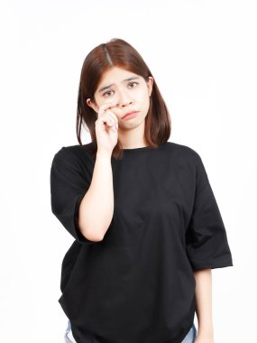 Beyaz arka planda tecrit edilmiş Güzel Asyalı Kadın 'ın Ağlayan Üzgün Yüzü