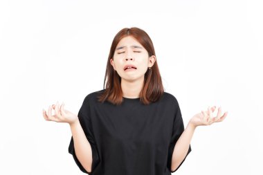 Beyaz arka planda tecrit edilmiş Güzel Asyalı Kadın 'ın Ağlayan Üzgün Yüzü