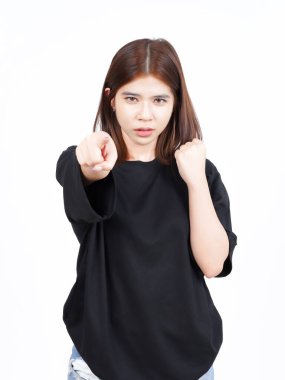 Beyaz arka planda izole edilmiş Güzel Asyalı Kadın 'ın Öfkeli Hareketi