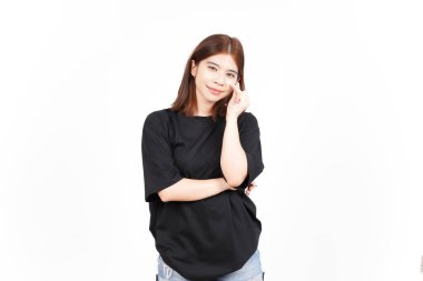 Beyaz arka planda tecrit edilmiş Koreli Güzel Asyalı Kadın 'ın Aşk Parmağı