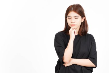 Beyaz arka planda tecrit edilmiş güzel Asyalı Kadın Düşünme ve Bulma Hareketi