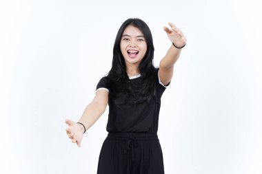 Beyaz Arkaplanda İzole Edilmiş Güzel Asyalı Kadının Sarılma Hareketi