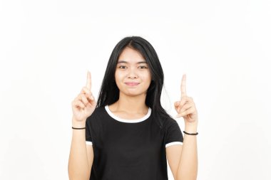 Gülümseyen ve işaret eden Beyaz Yüzlü Güzel Asyalı Kadın 'ın boş fotokopisini gösteren