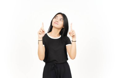 Gülümseyen ve işaret eden Beyaz Yüzlü Güzel Asyalı Kadın 'ın boş fotokopisini gösteren