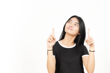 Gülümseyen ve işaret eden Beyaz Yüzlü Güzel Asyalı Kadın 'ın boş fotokopisini gösteren