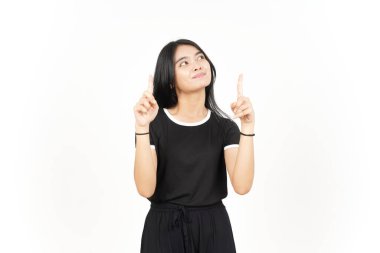 Gülümseyen ve işaret eden Beyaz Yüzlü Güzel Asyalı Kadın 'ın boş fotokopisini gösteren