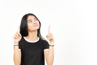 Gülümseyen ve işaret eden Beyaz Yüzlü Güzel Asyalı Kadın 'ın boş fotokopisini gösteren