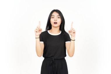Şok olmuş bir yüz ve beyaz tenli güzel Asyalı kadının boş fotokopi alanını gösteren bir işaret.