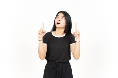 Şok olmuş bir yüz ve beyaz tenli güzel Asyalı kadının boş fotokopi alanını gösteren bir işaret.