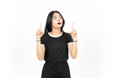 Şok olmuş bir yüz ve beyaz tenli güzel Asyalı kadının boş fotokopi alanını gösteren bir işaret.