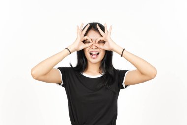 Beyaz arka planda izole edilmiş Güzel Asyalı Kadın 'ın Gülümsemesi ve Göstergesi