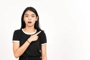 Şok olmuş yüz, Güzel Asyalı Kadın 'ın işaretçisini kullanarak Ürün ve İşaret Tarafını Gösteriyor