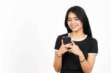 Beyaz arka planda izole edilmiş Güzel Asyalı Kadın 'ı tutmak ya da kullanmak