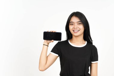 Beyaz Ekran 'da Güzel Asyalı Kadın' ın Gülme ve Gösterme Uygulamaları veya İlanları Beyaz Ekran 'da İzole Edilmiş Güzel Asyalı Kadın