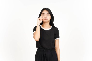 Beyaz arka planda tecrit edilmiş Güzel Asyalı Kadın 'ın Ağlayan Üzgün Yüzü