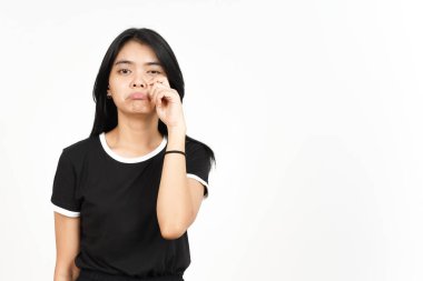 Beyaz arka planda tecrit edilmiş Güzel Asyalı Kadın 'ın Ağlayan Üzgün Yüzü