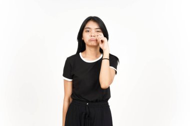 Beyaz arka planda tecrit edilmiş Güzel Asyalı Kadın 'ın Ağlayan Üzgün Yüzü