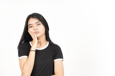 Beyaz arka planda tecrit edilmiş güzel Asyalı kadının el ele, sıkıcı jesti