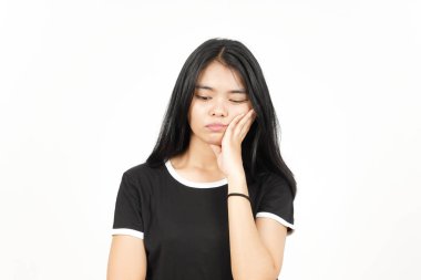 Beyaz arka planda tecrit edilmiş güzel Asyalı kadının el ele, sıkıcı jesti