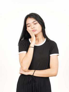 Beyaz arka planda tecrit edilmiş güzel Asyalı kadının el ele, sıkıcı jesti